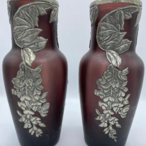 Paire de vases Pâte de verre, Feuillage Etain , Art nouveau