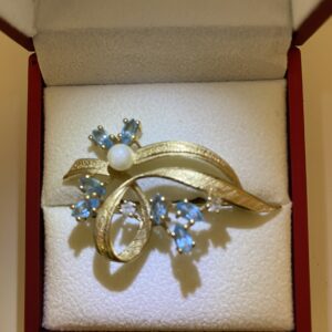Broche Plaqué Or , Perle et Aigue-Marine